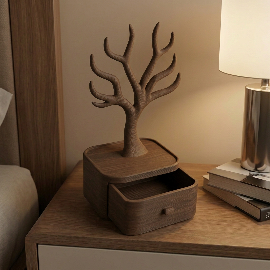 Alhajero con árbol para collares y anillos, variante Marrón.