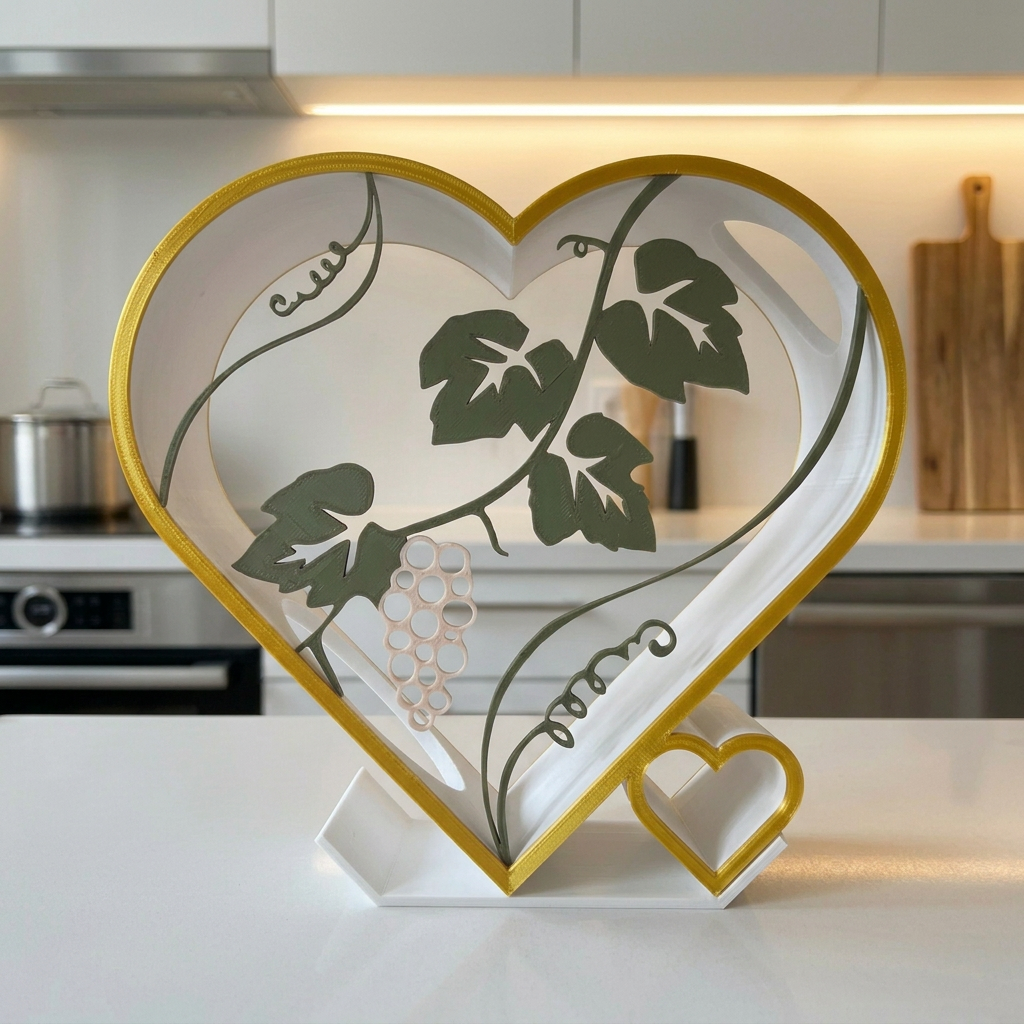 Portabotellas de vino con forma de corazón, color Base (Black) to %Blanco% Outer red rim to %Seda Oro%. Leaves and branches still %Verde Oscuro%. Grapes %Beige%.