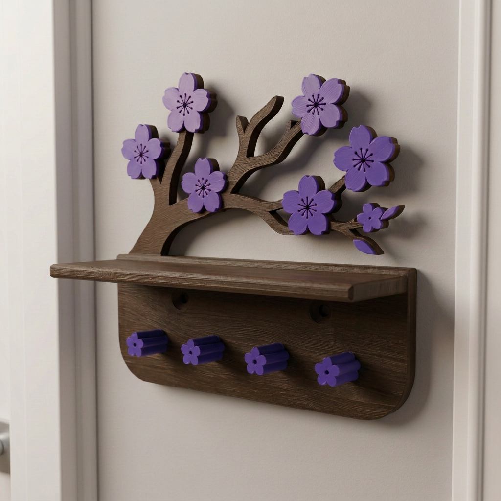 Repisa flotante y llavero diseño floral, variante Simil madera Nogal / Violeta.
