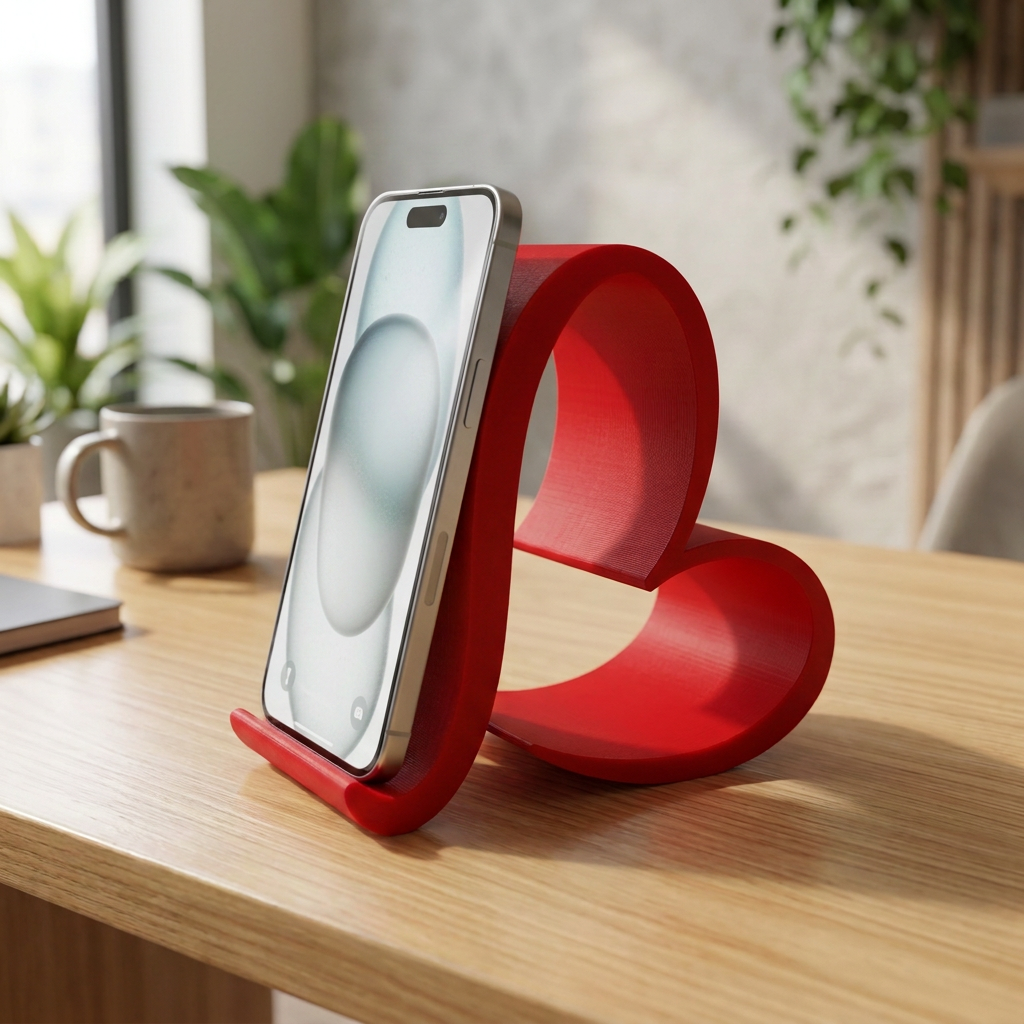 Soporte de celular en forma de corazón, vista de tres cuartos en un entorno de uso.