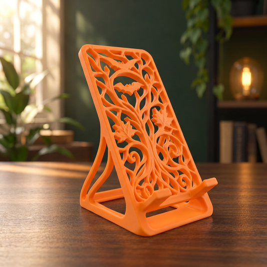 Soporte para celular con diseño otoñal, vista de tres cuartos en un entorno de uso.
