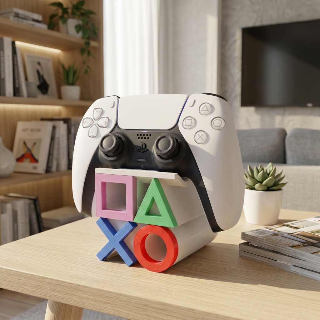 Soporte para joystick de PS5, vista de tres cuartos en un entorno de uso.