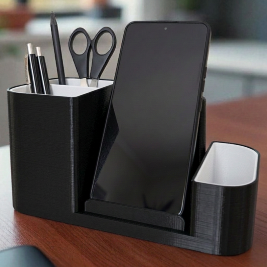Organizador de escritorio con soporte para celular, variante Negro / Blanco.