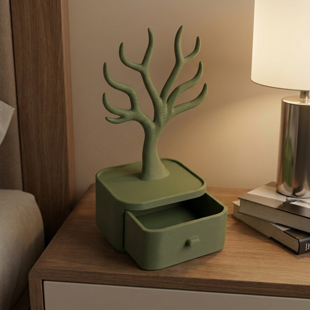 Alhajero con árbol para collares y anillos, variante Verde Oscuro.