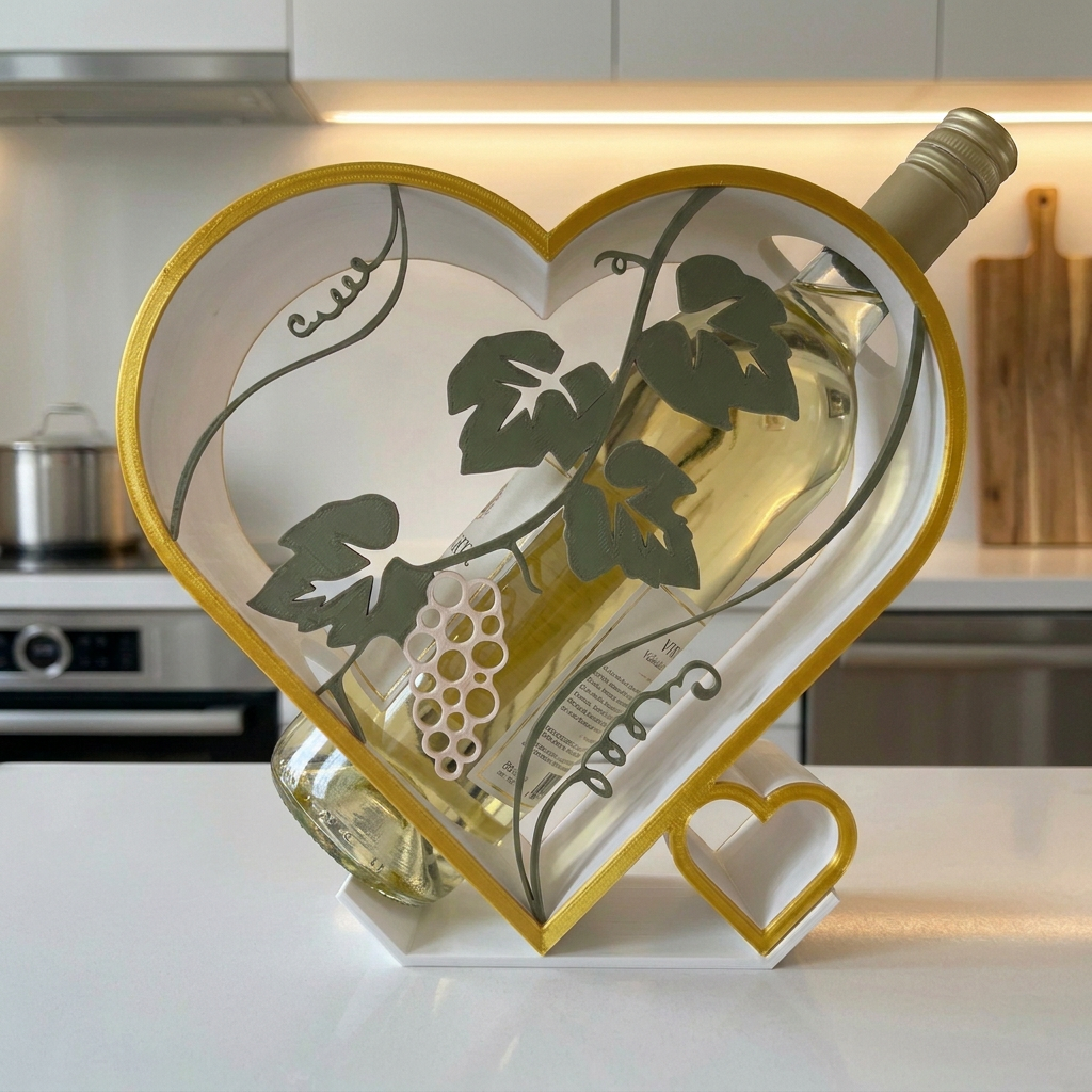 Portabotellas de vino con forma de corazón, vista frontal en un entorno de uso.