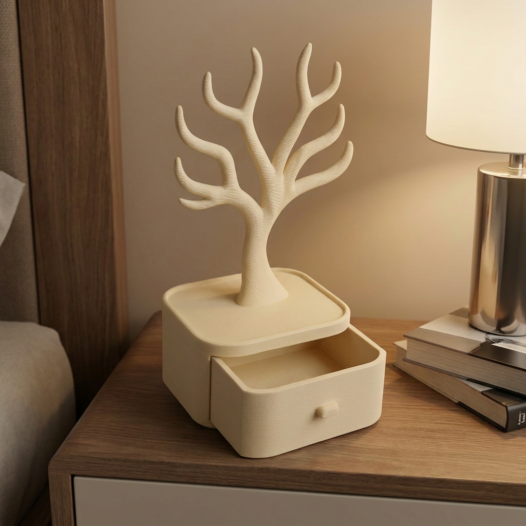 Alhajero con árbol para collares y anillos, vista de tres cuartos en un entorno de uso.