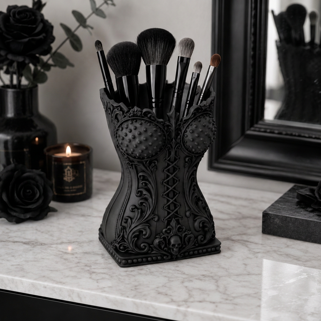 Organizador de maquillaje corset gótico, vista de tres cuartos en un entorno de uso.