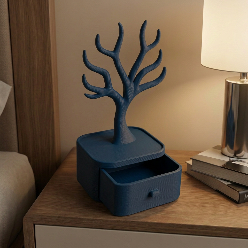 Alhajero con árbol para collares y anillos, variante Azul Oscuro.