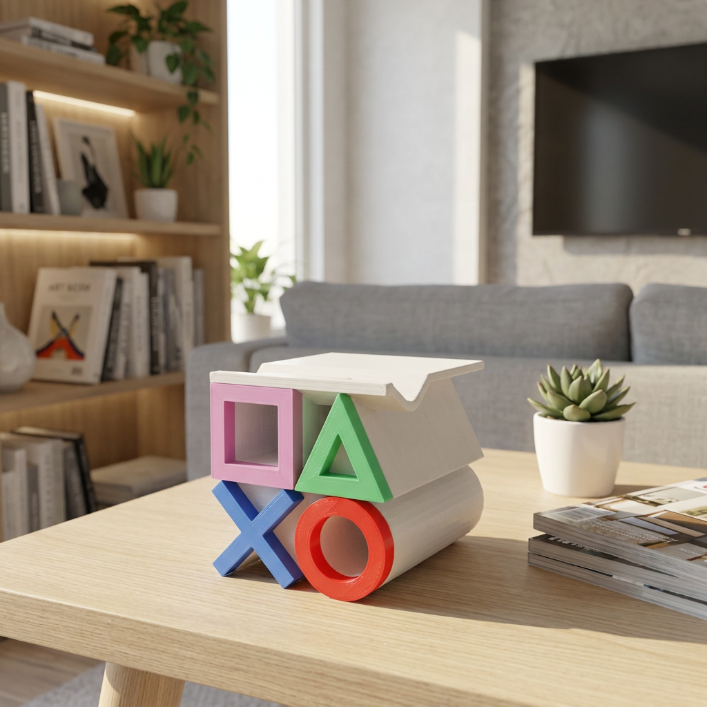Soporte para joystick de PS5, vista de tres cuartos en un entorno de uso.