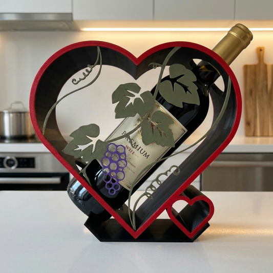 Portabotellas de vino con forma de corazón, vista de tres cuartos en un entorno de uso.