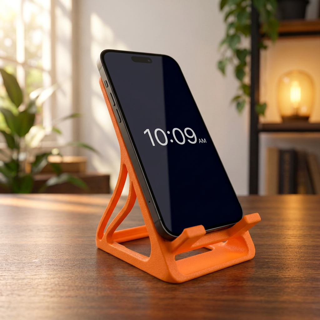 Soporte para celular con diseño otoñal, vista de tres cuartos en un entorno de uso.