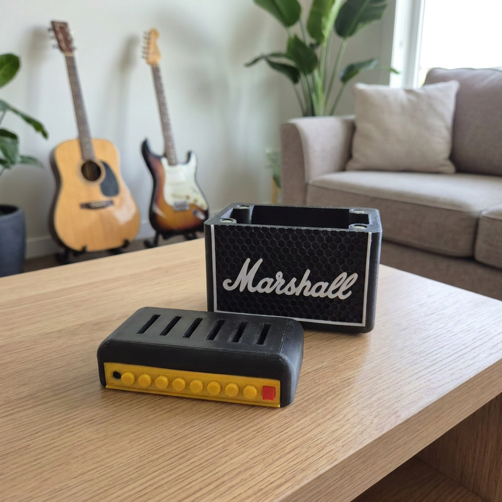 Caja Miniamplificador Marshall, vista de tres cuartos en un entorno de uso.
