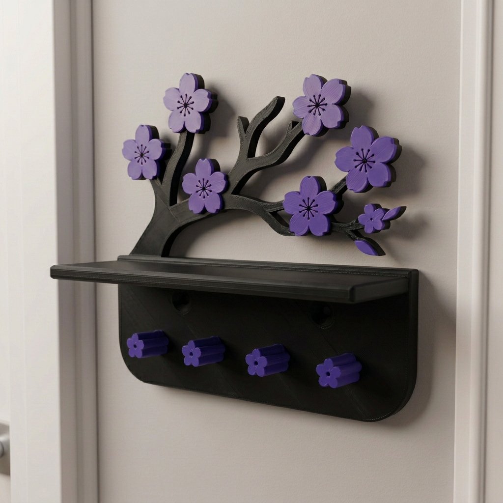Repisa flotante y llavero diseño floral, variante Negro / Violeta.