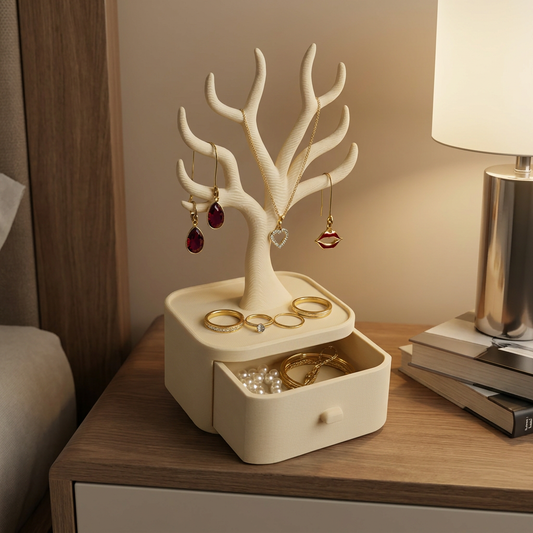 Alhajero con árbol para collares y anillos, vista de tres cuartos en un entorno de uso.