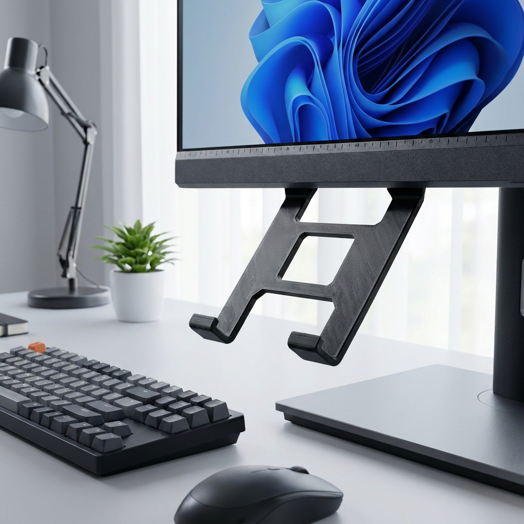 Soporte para celular debajo del monitor, vista de tres cuartos en un entorno de uso.