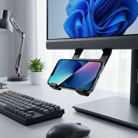 Soporte para celular debajo del monitor, vista de tres cuartos en un entorno de uso.