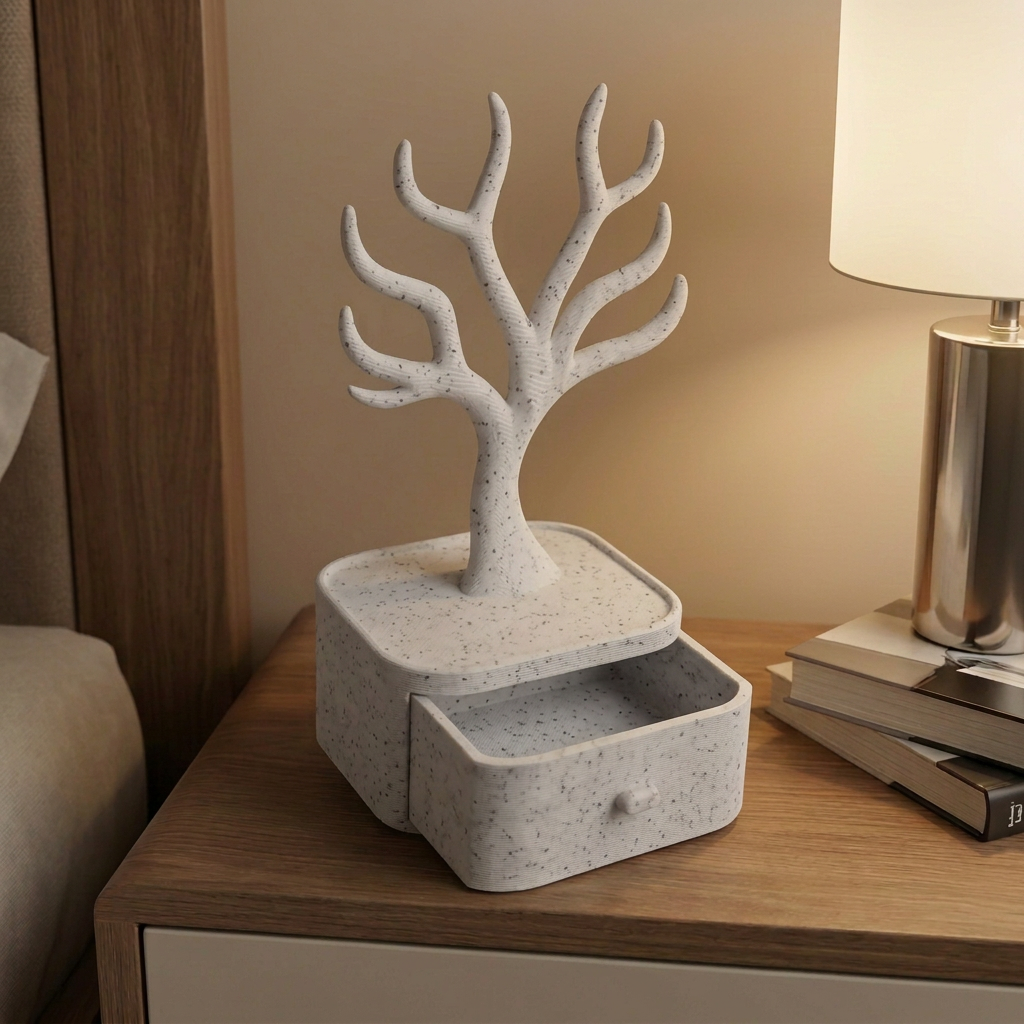 Alhajero con árbol para collares y anillos, variante Mármol.