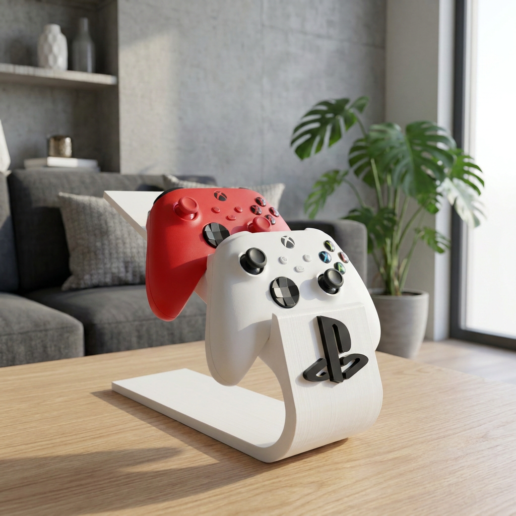 Soporte doble para controles de PlayStation 5, vista de tres cuartos en un entorno de uso.