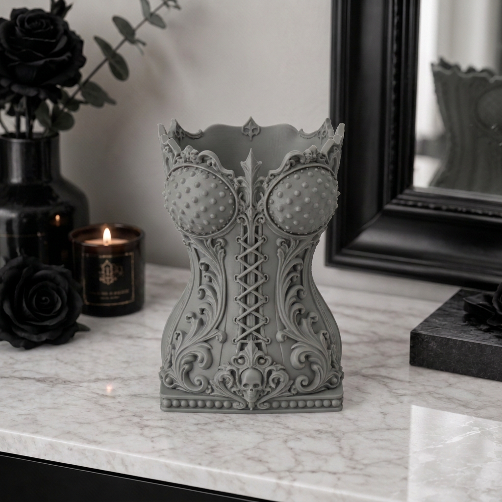 Organizador de maquillaje corset gótico, vista frontal en un entorno de uso.