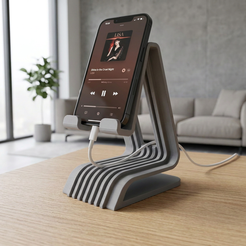 Soporte para celular Onami - Diseño elegante y firme, vista de tres cuartos en un entorno de uso.