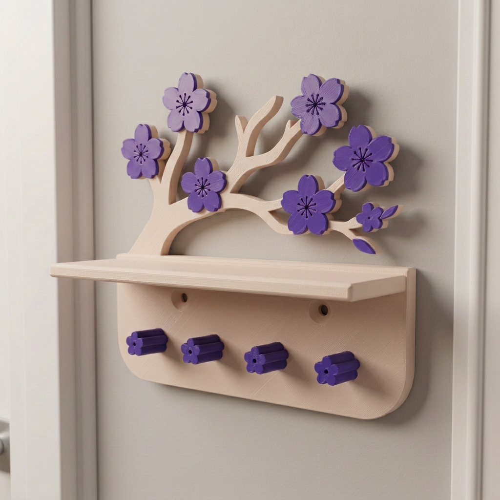 Repisa flotante y llavero diseño floral, variante Beige / Violeta.