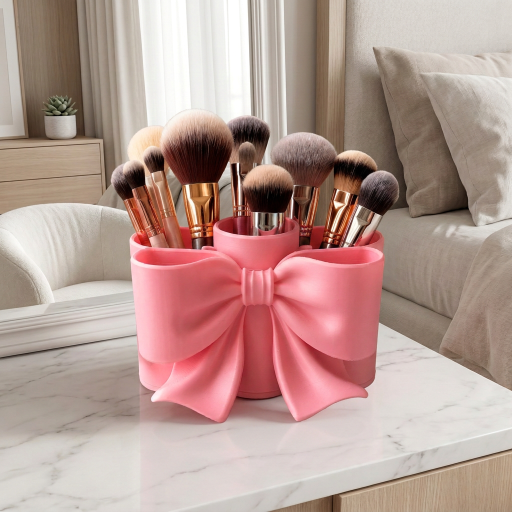Porta Pinceles de Maquillaje Estilo Moño, vista frontal en un entorno de uso.